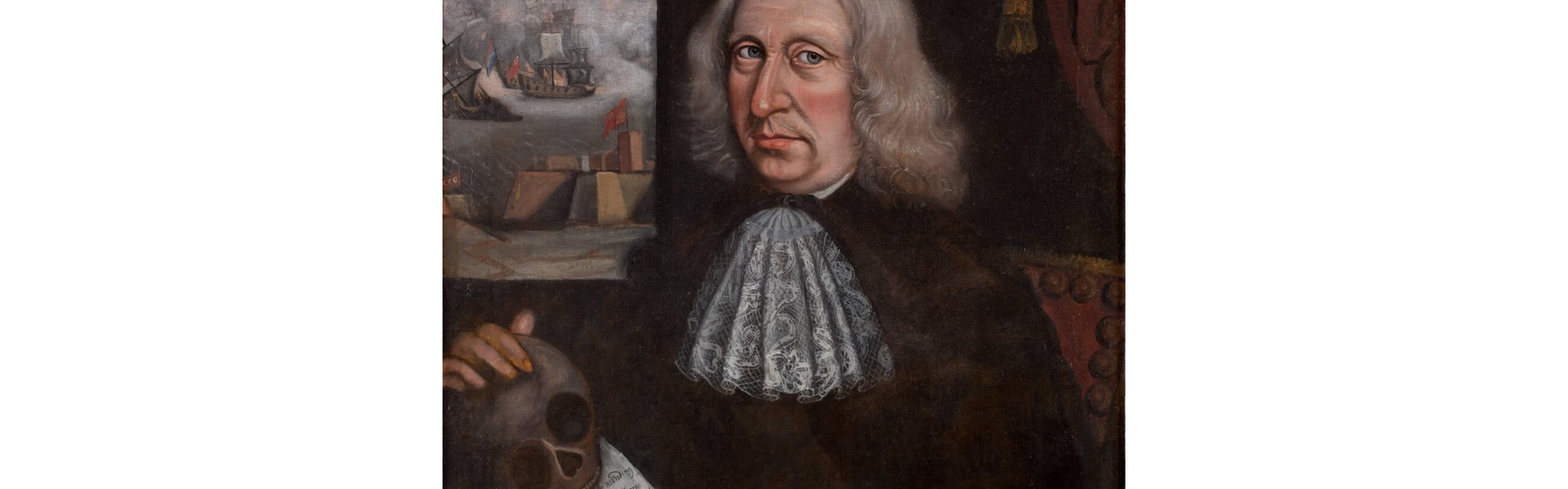 A man in puritan clothing holding a skull in his right hand.