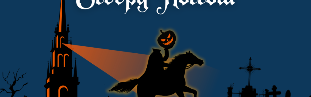 Event graphic with a headless horseman in the spotlight of a lantern from the steeple of Old North