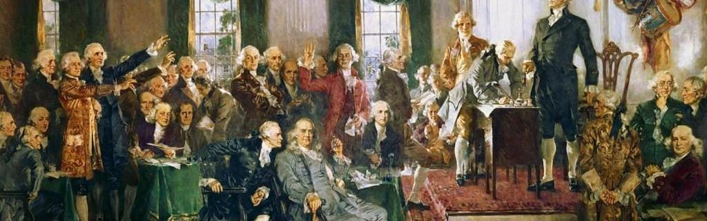 Event graphic with painting of founding fathers in discussion