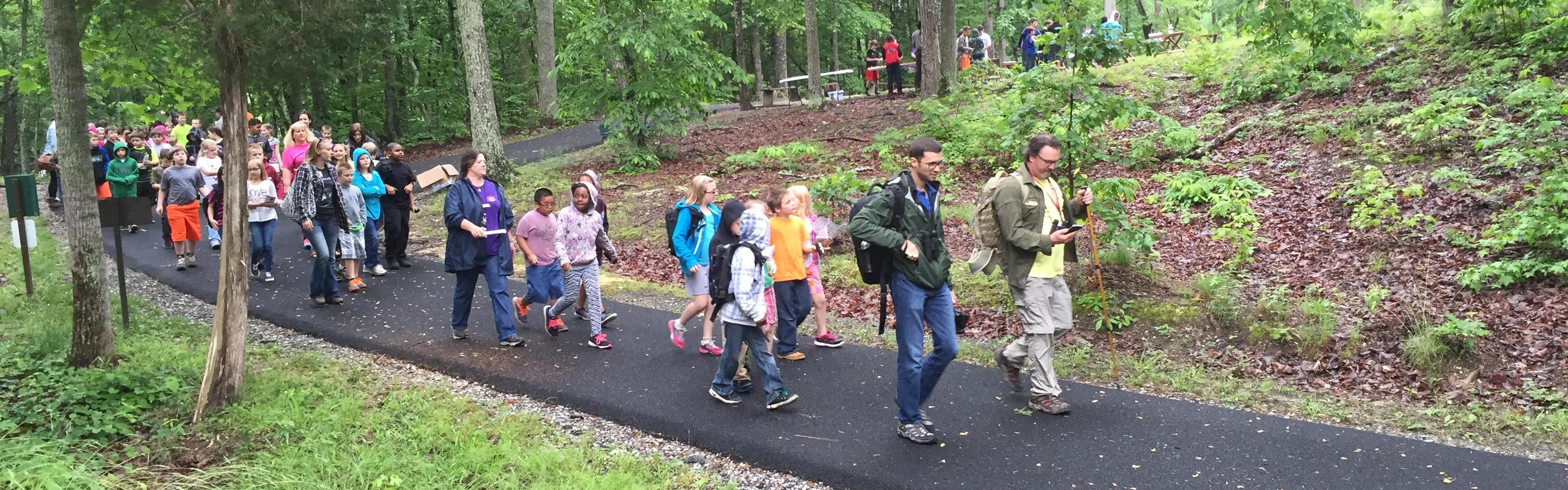 A large group of people are walking on a paved trail through the woods.
