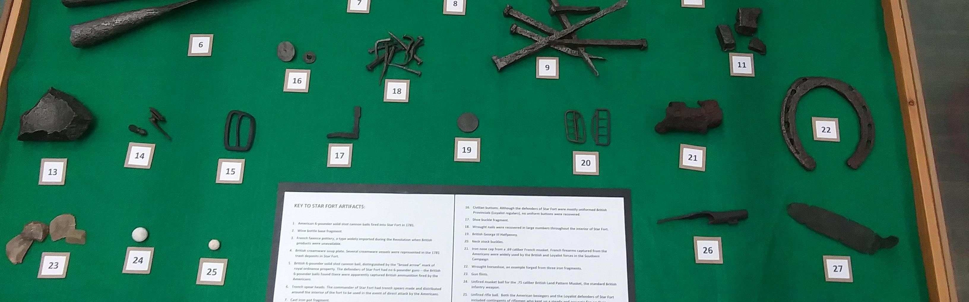 A collection of artifacts such as musket balls, nails, a horseshoe, a broken plate and cannon balls.