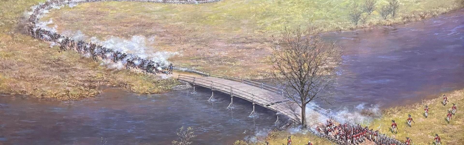 A painting of the North Bridge battle with a long column of minute men firing at British soldiers