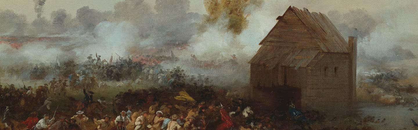 An 1858 painting of the battle of Long Island. Soldiers swarming around a colonial era house