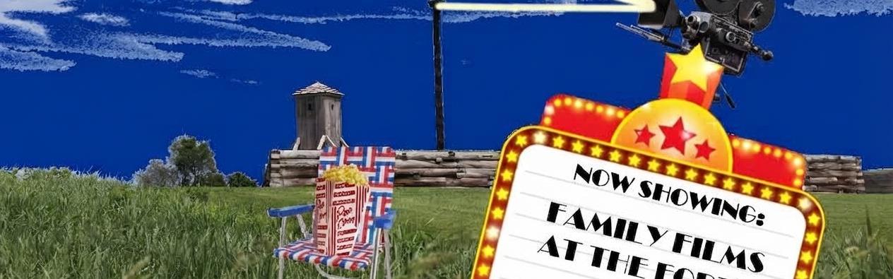 A broadside says "Fort Stanwix Presents" while a film projector casts light over the fort.