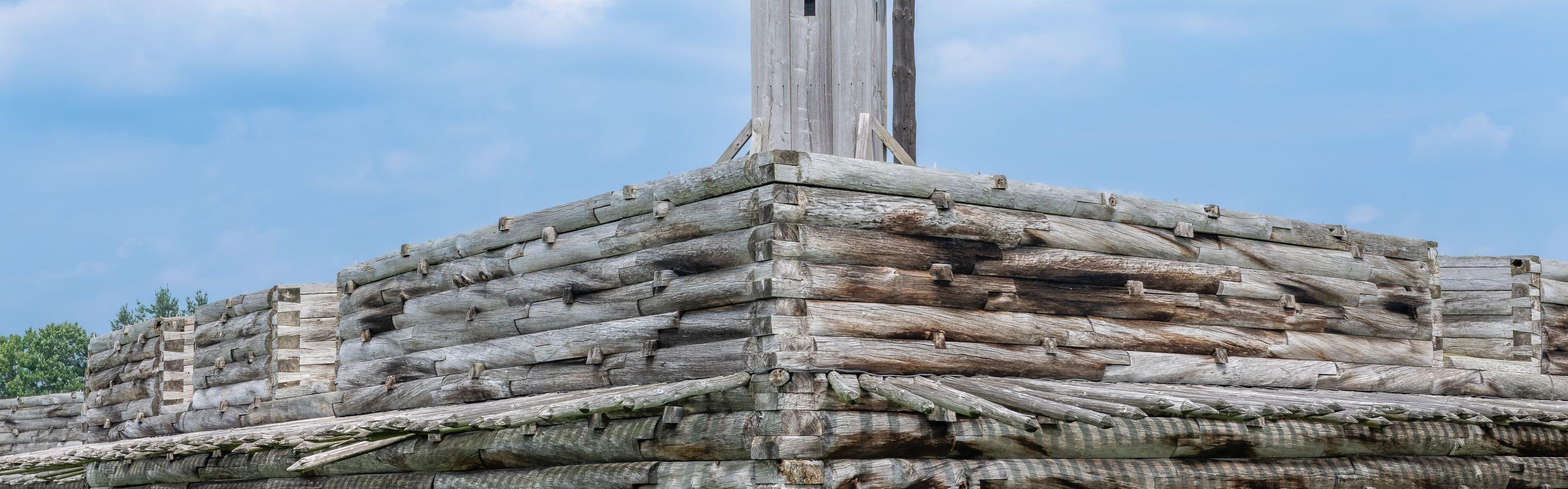A vibrant flag waves over the walls of a wooden fort.