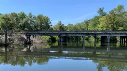 image of bridge over a river with trees and blue sky in the background