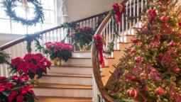 photo of a staircase decorated with poinsettias