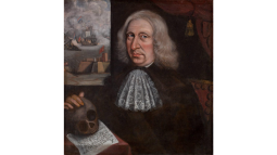 A man in puritan clothing holding a skull in his right hand.