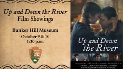 Event graphic with event details. To the right is a movie poster featuring two people embracing.