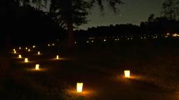 Luminaries bags light the path at dusk as stars hang in the sky.