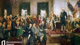 Event graphic with painting of founding fathers in discussion