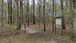 Trailhead to the Cowpens Nature Trail with a way side on the right in the woods.