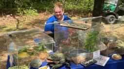 Woman in a blue polo shirt sits at a table with a variety of amphibians and reptiles in glass cages