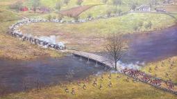 A painting of the North Bridge battle with a long column of minute men firing at British soldiers