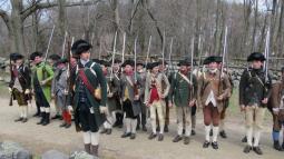 Several Colonial Revolutionary War militiamen stand in a line with muskets.