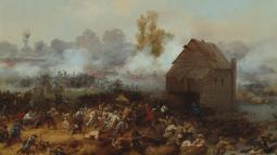 An 1858 painting of the battle of Long Island. Soldiers swarming around a colonial era house