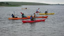 Group of kayakers in water.