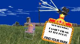 A broadside says "Fort Stanwix Presents" while a film projector casts light over the fort.