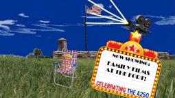A broadside says "Fort Stanwix Presents" while a film projector casts light over the fort.