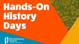 Multi-colored Hands-On History Event Graphic with some doodles of colonial items.