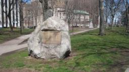 A large boulder with a metal plaque stands in a grassy urban park surrounded by trees and tall buildings.