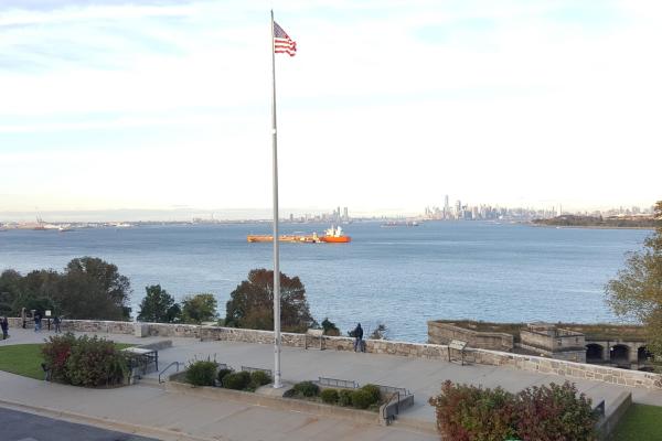 NY Harbor with American Flag.