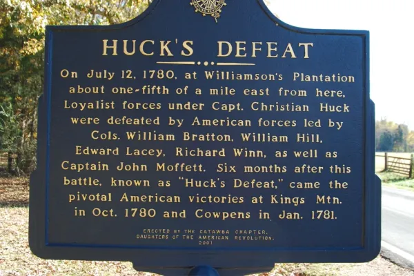 Image of a historical marker sign denoting Huck's Defeat