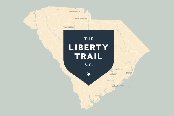 A map of South Carolina with The Liberty Trail logo over it