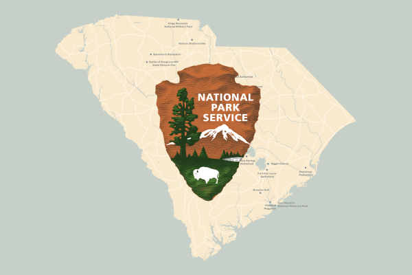 a map of South Carolina on a green field with a National Park Service logo