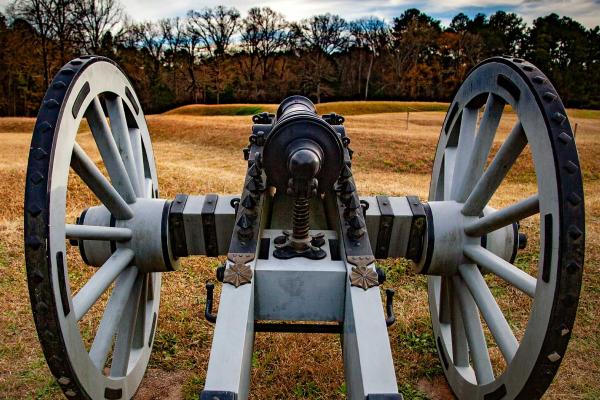 Image of a cannon and the Star Fort at Ninety Six Battlefield