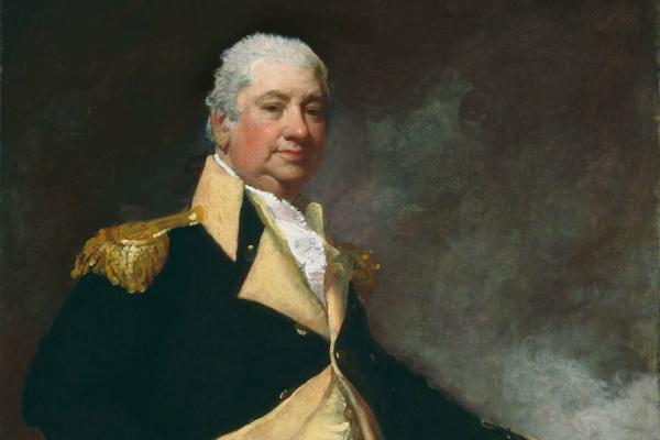 A protrail of Henry Knox leaning on a cannon