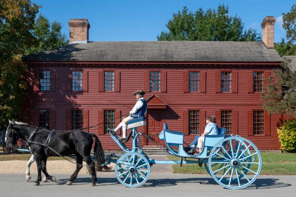 Tourists ride in a carriage at Colonial Williamsburg