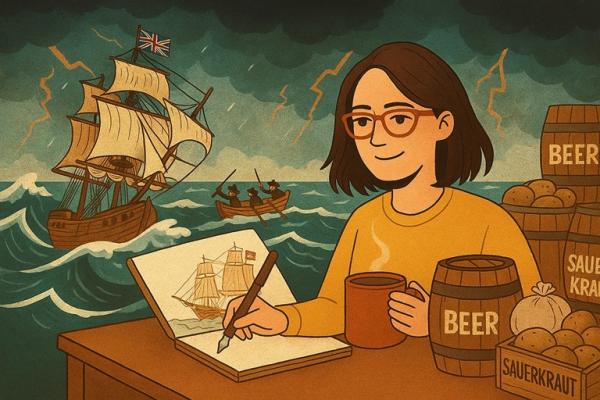 A woman sits at her desk writing in her journal with a cup of coffee surrounded by barrels and potatoes. There is a whimsical nautical scene behind her.
