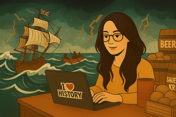 A woman sits at her desk writing in her journal with a cup of coffee surrounded by barrels and potatoes. There is a whimsical nautical scene behind her.