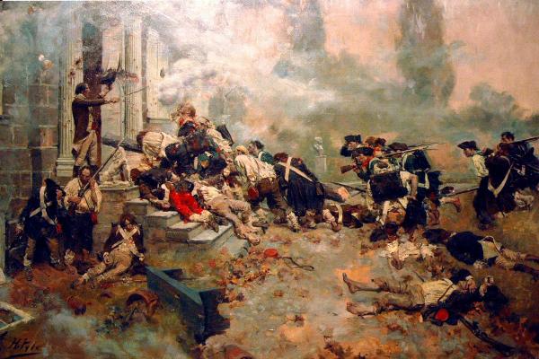 Continental soldiers charge forth at the Battle of Germantown