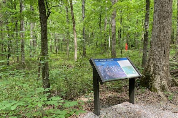 Women at Huck's Defeat Sign at Brattonsville (Stop 5)
