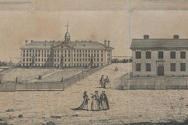 A North West Prospect of Nassau Hall with a Front View of the Presidents house in New Jersey