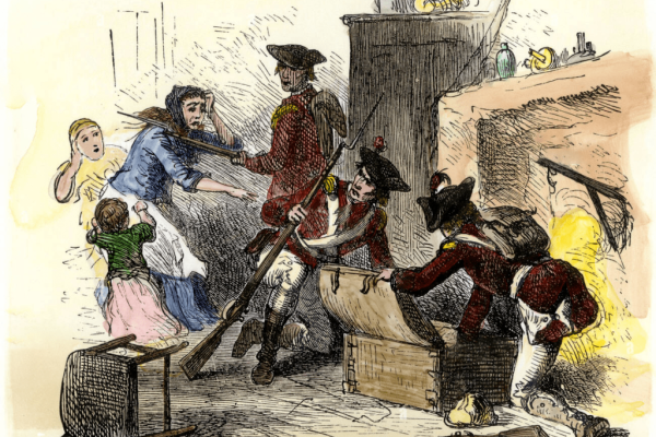 Engraving of British soldiers looting a home