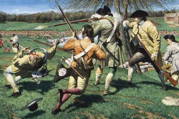 British soldiers with bayonets charge militiamen at the Battle of Lexington and Concord
