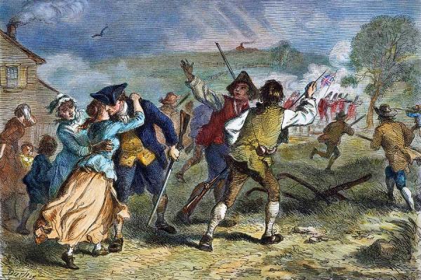 A colorized engraving of minutemen bidding their loved ones adieu at Lexington