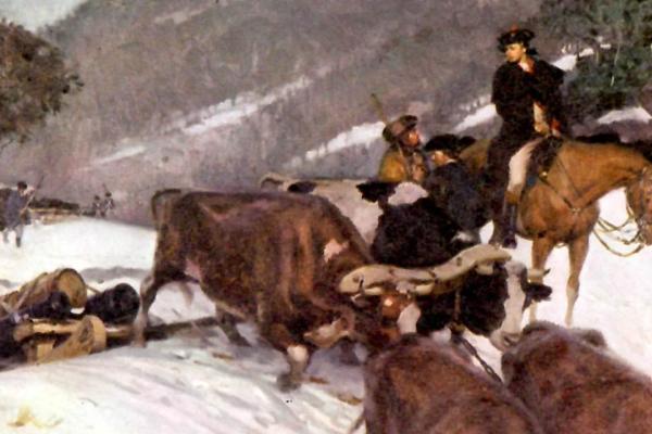 A painting of Henry Knox sitting on a horse directing another patriot standing next to oxen in the snow. 