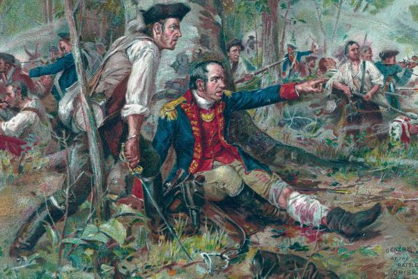 A wounded Nicholas Herkimer commanding his troops at Oriskany