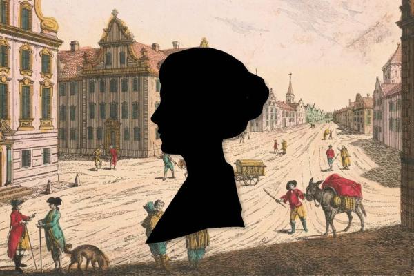 Portrait of a woman over a colonial Boston background