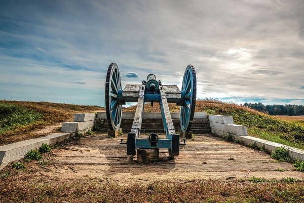 Photo depicting cannons along the British earthworks at Yorktown
