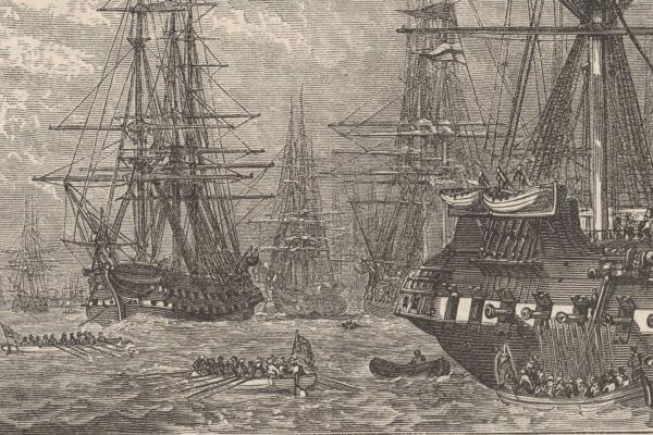 Depiction of the British fleet in Lower Bay of New York