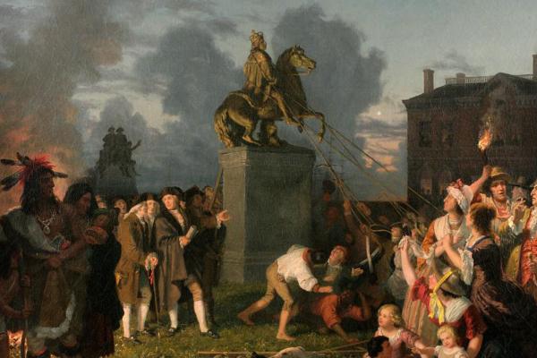 Mid-19th century painting of the Pulling Down of King George's statue in New York