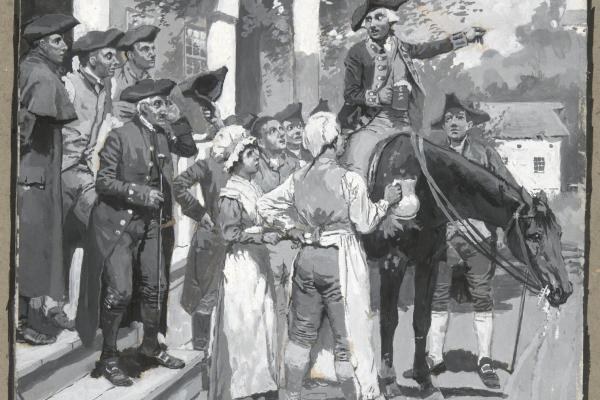 A drawing depicting Tench Tilghman on horseback drinking a mug of foaming beer, talking to people under a tavern sign. 
