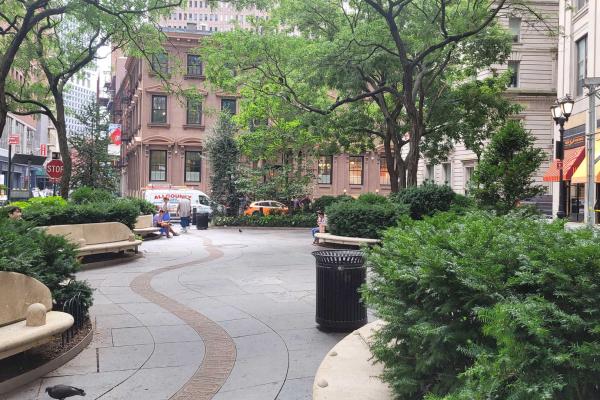 Photograph of a path through Hanover Square in New York City