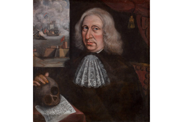 A man in puritan clothing holding a skull in his right hand.