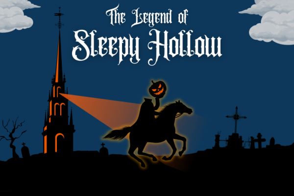 Event graphic with a headless horseman in the spotlight of a lantern from the steeple of Old North